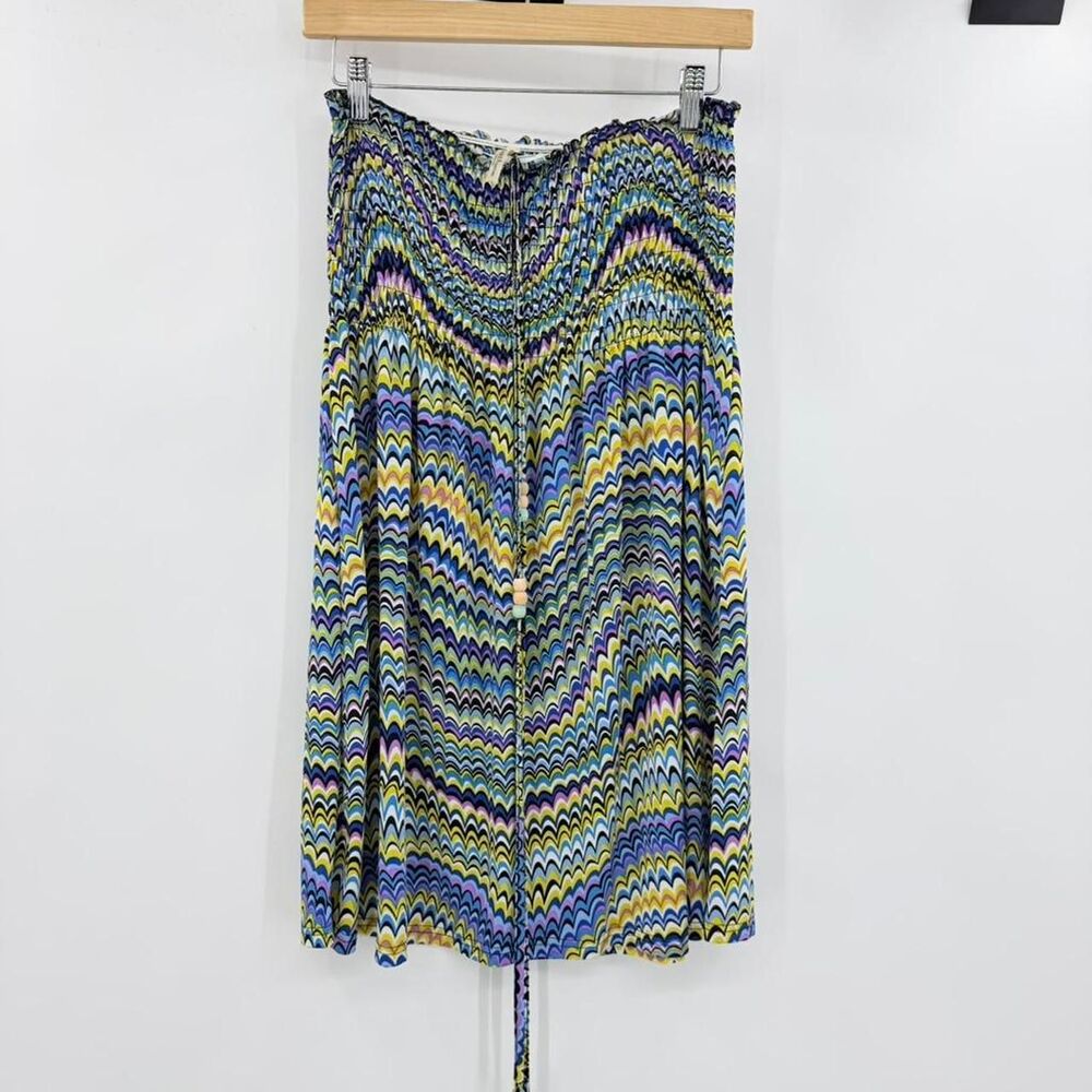 India Boutique Smocked Convertible Tube Top Skirt Psychedelic Blue Yellow Y2K
